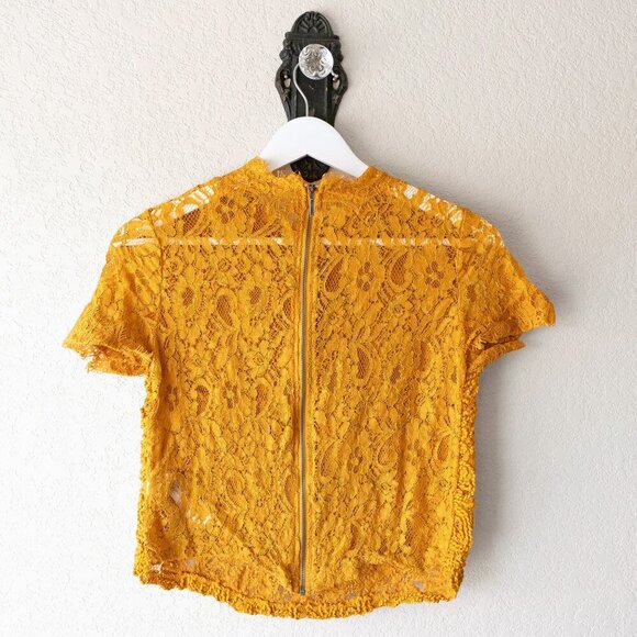 Zara Top Sz M Golden Mustard Eyelash Lace Short Sleeve Zipper Back Crop - Picture 6 of 6